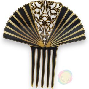 Antique Art Deco Mantilla Hair Comb Lrg 7" Black Gold Spanish Peineta Celluloid